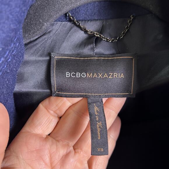 BCBG MaxAzria coat XS Pea Coat Military Ruffle Regal Royal Wool Spy Blue Trench - Picture 14 of 16